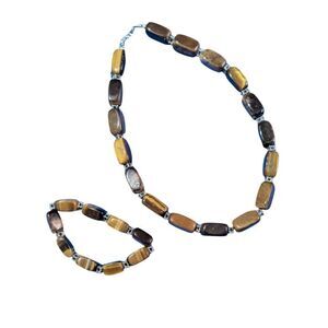 Tigers Eye Gemstone Necklace &  stretchy Bracelet Set With Silver-Tone Spacers